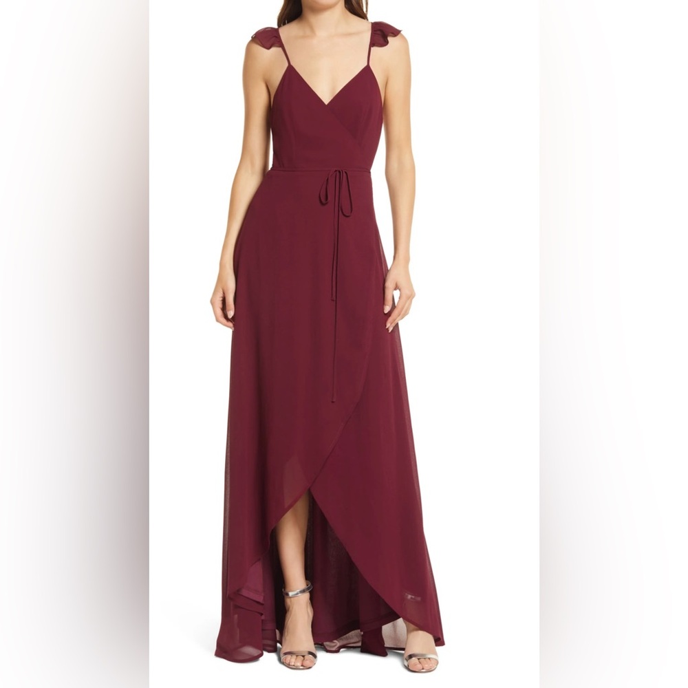 Lulu’s Burgundy Here’s To Us High Low Ruffle Sleeve Wrap Dress Size L